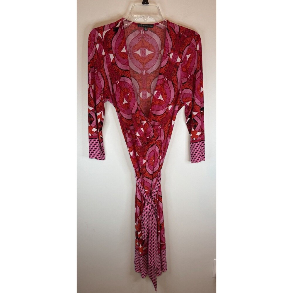 ADRIANNA PAPELL Pink Red Abstract Surplice Midi Dress 1X Tie Belt Stretch Retro